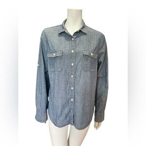 J.CREW The Perfect Shirt Chambray Denim Tab Sleeve Button Up Shirt Size Large